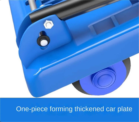 Heavy Duty Foldable Push Hand Cart Platform Truck With Wheels And Metal Handle For Transport Built To Haul Big Loads At Work Or Home Easy Fold Up Design Smooth Quiet Rolling To Save Your Back, blue wheel close-up