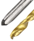 Close-up of Pro Grade Metric Tap And Drill Bit Set For DIY Projects, M5 X 0.8 Right Hand Taps and 4.2mm Titanium Coated HSS Drill Bit.
