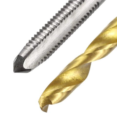 Close-up of Pro Grade Metric Tap And Drill Bit Set For DIY Projects, M5 X 0.8 Right Hand Taps and 4.2mm Titanium Coated HSS Drill Bit.
