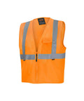 Stay Sharp And Legit On The Job With This Kickass Class 2 High Visibility Mesh Safety Vest Featuring Bold Reflective Tape For Traffic Control And Crew Jobs In Bright Orange. Front view of vest showing reflective stripes.