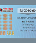 Premium 60-Piece MIG Torch Gun Consumable Kit For Amico Welding Machines showing 50 tips, 5 nozzles, and 5 gas diffusers.