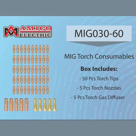 Premium 60-Piece MIG Torch Gun Consumable Kit For Amico Welding Machines showing 50 tips, 5 nozzles, and 5 gas diffusers.