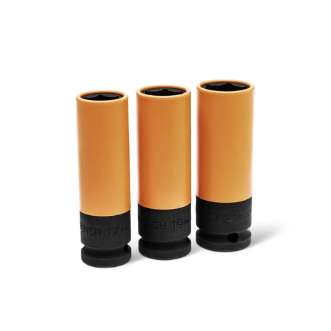 Half Inch Drive Tough As Nails Wheel Protector Impact Socket Set With Thin Wall Design And Protective Outer Sheath, 17mm, 19mm, 21mm