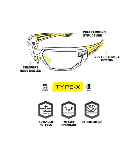 Vision Type X Safety Glasses With Blue Mirror Lens Anti Fog Coating Scratch Resistant Lightweight Frame And Ventilated Temples