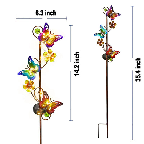 Solar Butterfly Garden Lights 2 Pack Outdoor Stake Decor With Waterproof Metal Butterflies And Flowers, LED String Lights