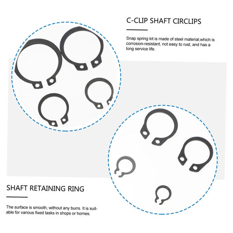 175 Piece Steel Snap Ring Kit C Type Retaining Ring Clips Set for Shafts and Bearings, close-up of C-clip shaft circlips displayed.