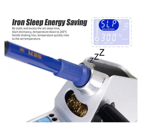 992D Plus All In One Pro Grade Soldering Station With Hot Air Rework, showing ergonomic soldering iron in sleep mode with LCD display.