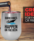 Silver Wine Tumbler 12oz For Deckside Sips On The Pontoon Boat Boating Drinking Accessories For Boat Owners Yacht Sailboat Cruisin Style For Parties On The Water With Friends And Family shown with wine pour and text