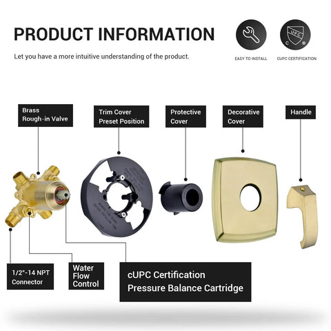 Components of Brushed Gold Shower Trim Kit With Valve Tub And Shower Faucet Set including brass rough-in valve and handle