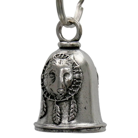 Wolf Dream Good Luck Motorcycle Bell with Pewter Key Ring featuring a wolf design, durable and weather resistant for bikers.