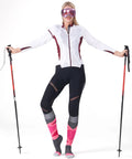 Woman wearing Merino Wool Womens Ski Socks 2 Pack Full Cushion Thermal All Day Cozy Winter Socks For Skiing And Snowboarding Reinforced Heel And Toe Rose And Purple Medium Size