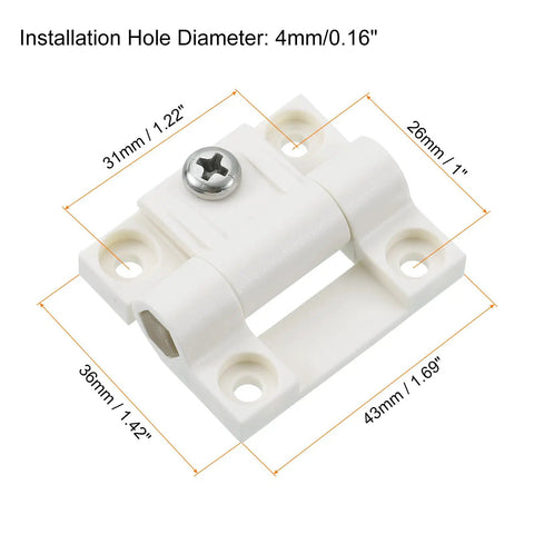 Four Pack Adjustable Torque Hinges With Countersunk Holes For Cabinet Furniture Hardware Featuring Sweet Position Control White Plastic Mounts That Slip Inside Easy Lock Down Natch And Secure Projects No Sweat Ever