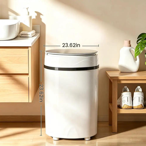 Triple Threat Semi Auto Mini Washer Dryer For Sneakers And Workout Gear in compact white design, 23.62in tall, perfect for small spaces.