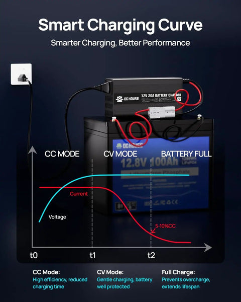 Graph showing Smart Charging Curve with 12V 20A LiFePO4 Battery Charger With 14.6V Output 300W Fast Charge Quick Connector.