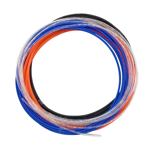 Coiled 12 ft high-pressure air line tubing set in blue, red, black, and clear with push-in fittings