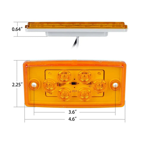 Freightliner Cab Marker Light Kit With Five Amber Rectangular Six LED Roof Top Markers And Two Teardrop Amber Sleeper Markers 15 LED Total Replacement For Century And Columbia Trucks Trailers And Semis. Close view of amber six-LED roof marker light with dimensions, showing light arrangement and wiring.