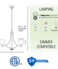 Farmhouse 24 Inch Five Light Chandelier With Clear Glass Shades, Adjustable Chain, diagram showing dimensions and lighting options.