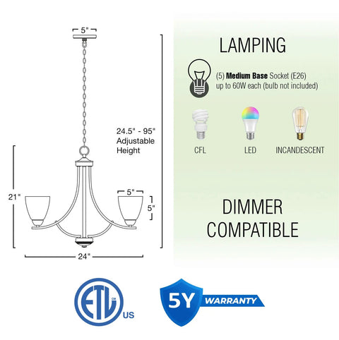 Farmhouse 24 Inch Five Light Chandelier With Clear Glass Shades, Adjustable Chain, diagram showing dimensions and lighting options.
