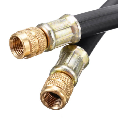 Close-up of copper ends of Four Pack Car Tire Valve Extensions 8.25 Inch Flexible Valve Stem Extenders For Vehicles Trucks RVs And More Universal Fit Easily Inflate Deflate In Tight Wheel Wells.