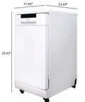 Game Changing 18 Inch Portable Dishwasher With Stainless Steel Tub And Six Hardworking Wash Cycles For No Sweat Cleanup Energy Star Approved slick white style with measurements.