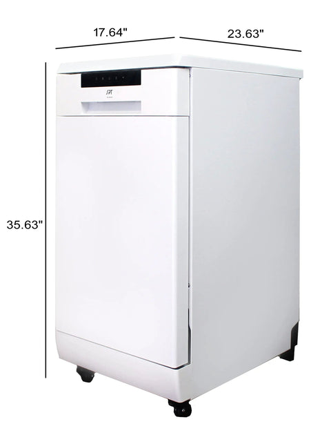 Game Changing 18 Inch Portable Dishwasher With Stainless Steel Tub And Six Hardworking Wash Cycles For No Sweat Cleanup Energy Star Approved slick white style with measurements.