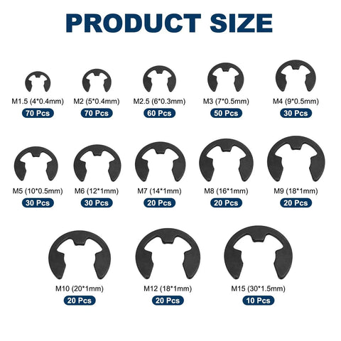 450 Piece External Retaining Rings Kit Manganese Steel Circlip Snap Ring Set sizes chart in black finish
