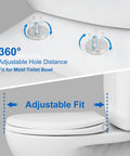 Elongated Toilet Seat With Cover Oval Quiet Close One Click Release For Easy Cleaning And Quick Removal No Tools Needed Easy Install Stable Non Slip Hinge Slow Close White showing adjustable fit and stable installation.
