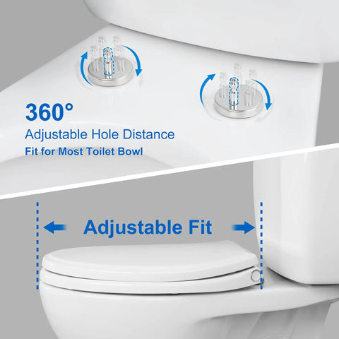 Elongated Toilet Seat With Cover Oval Quiet Close One Click Release For Easy Cleaning And Quick Removal No Tools Needed Easy Install Stable Non Slip Hinge Slow Close White showing adjustable fit and stable installation.