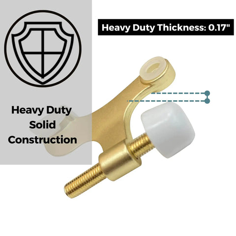 Close-up of Solid Five Pack Of Heavy Duty Hinge Pin Door Stoppers In Premium Satin Brass Matte Gold Finish showing rubber bumper and construction detail.
