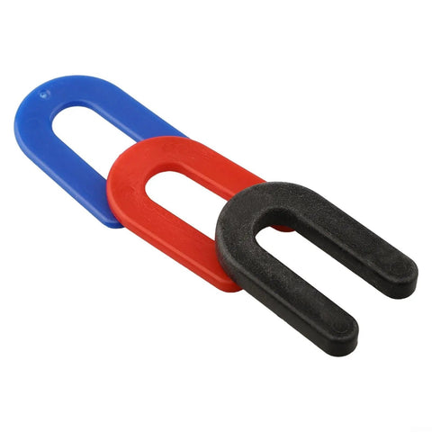 60 Piece Plastic Leveling Shims Kit For Auto Dash And Car Mount Repair Built Like A Tank Polypropylene U Shaped Wedges in blue, red, and black.