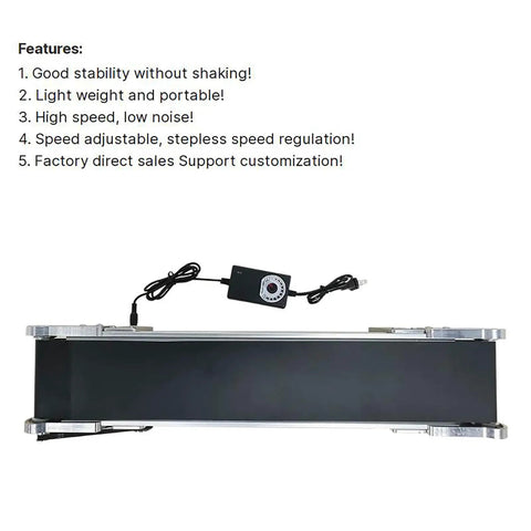 Automatic Conveyor Belt With 10x50cm PVC Wear Resistant Belt And Adapter Adjustable Speed And Super Powerful Motor features list.