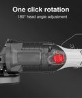 21V Brushless Cordless Angle Grinder With 3 Speed Settings And 180 Degree Swivel Head showing one-click rotation feature.