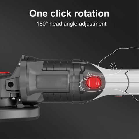 21V Brushless Cordless Angle Grinder With 3 Speed Settings And 180 Degree Swivel Head showing one-click rotation feature.