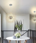 Stylish Crystal Sputnik Chandelier With Dandelion Firework Style, Dope 12 Light Modern Pendant Fixture illuminating dining area.