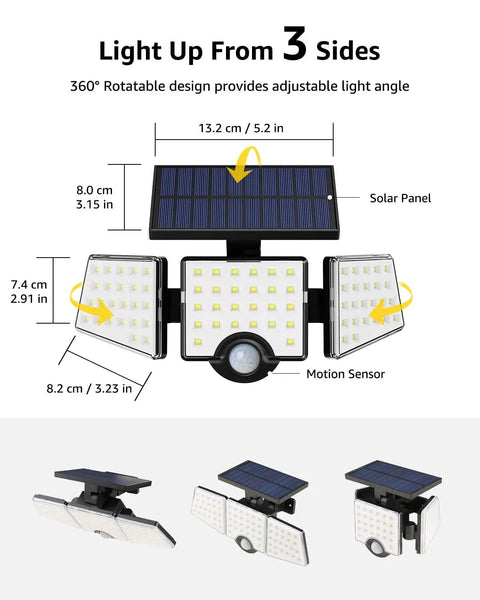 Outdoor Solar Lights With Motion Sensor, Triple Head Design Covers 270 Degree Wide Lighting, IP65 Waterproof