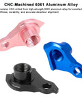 Three CNC aluminum derailleur hangers in black, blue, and pink, showing Beefy Universal Derailleur Hanger Replacement For SRAM UDH With CNC Aluminum Body And Reverse Thread Bolts.