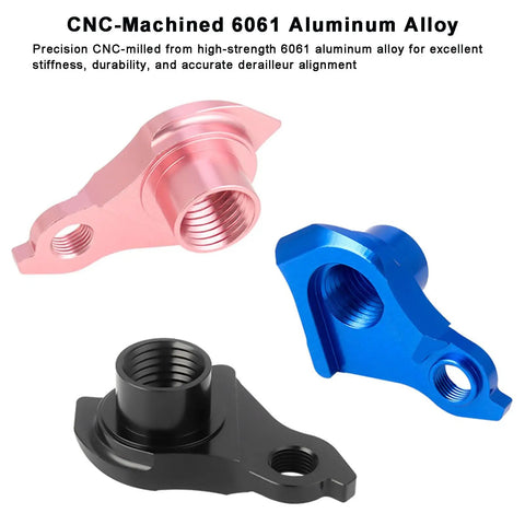 Three CNC aluminum derailleur hangers in black, blue, and pink, showing Beefy Universal Derailleur Hanger Replacement For SRAM UDH With CNC Aluminum Body And Reverse Thread Bolts.