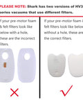 Correct and incorrect pre-motor foam filters for Shark Rocket APEX DuoClean HV380 series, with and without holes.