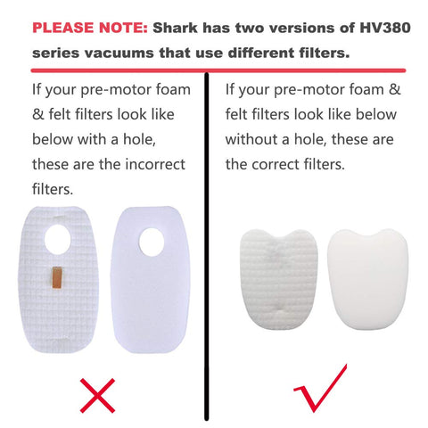 Correct and incorrect pre-motor foam filters for Shark Rocket APEX DuoClean HV380 series, with and without holes.