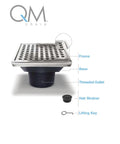 Diagram of Square Shower Drain Kit In Satin Gold Finish With Marine 316 Stainless Steel Grate And ABS Base Lagos Series Mira Line 4 Inch Includes Hair Trap Strainer And Key Dope Durable Bathroom Fixture For Modern Showers showing components including frame, base, threaded outlet, hair strainer, and lifting key."