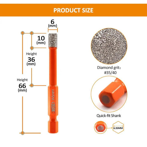 Image showing Dry Diamond Drill Bits Set, 2 Pack, One Quarter Inch Hex Shank With Quick Change, Multi Purpose For Granite Marble Tile Ceramic Porcelain, Built In Wax Cooling Core For Dry Drilling; includes size and specifications info.