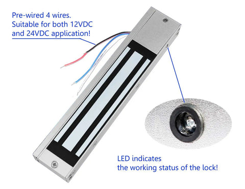 Outdoor Waterproof Magnetic Door Lock 12V 24V 600lbs Holding Force with Z and L Brackets for Access Control Gate Opener Fail Safe Electromagnetic Door Lock Heavy Duty, showing pre-wired 4 wires and LED indicator.