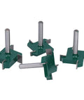 Cool Four Piece T Slot Router Bit Set With 1/4 Inch Shank Perfect For Grooving, Slotting And CNC Milling Projects In Your Woodworking Shop, showing four green router bits.