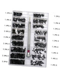 Two Piece Miniature Screw Set With Countersunk Round Screws in carbon steel, organized in a transparent box for electronics and small devices