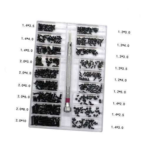 Two Piece Miniature Screw Set With Countersunk Round Screws in carbon steel, organized in a transparent box for electronics and small devices