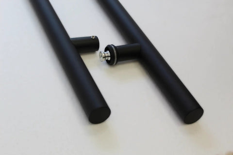 Stainless Steel Round H Shaped Push Pull Door Handles Double Sided Beefy Yet Sleek Commercial Pull For Sliding Doors And Glass Entry Doors Anodized Matte Black Finish 24 Inch Heavy Duty Modern Hardware, black H-shaped door pull close-up