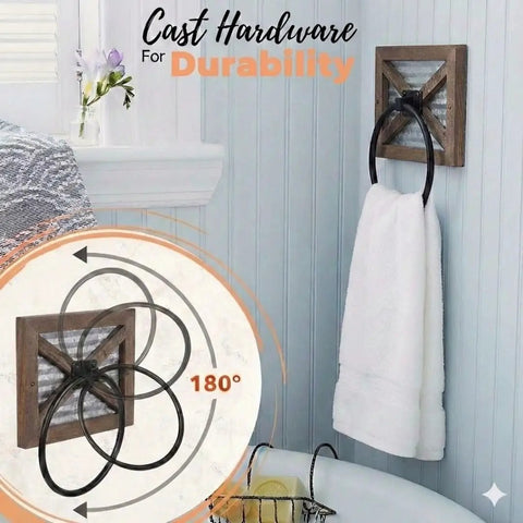 Rustic Farmhouse Towel Holder For Bathroom Wall Mounted Rack With Galvanized Metal Ring, weathered wood design over bathtub