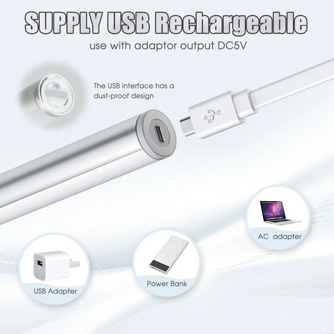 Portable Rechargeable LED Vanity Lights With Touch Control And Three Brightness Levels, USB charging cable and adapters shown