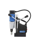 Heavy Duty Single Speed Portable Magnetic Drill With One Point Three Eight Inch Bore Eight Point Two Amp Motor Four Hundred Fifty Rpm side view showing compact design with drill bit attached.