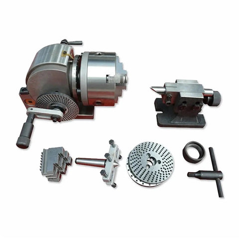 Badass Heavy Duty Universal Dividing Head BS-0 Mount Compatible With Four Or Five Inch Three Jaw Chucks Includes Sturdy Cnc Tailstock For Knockout Rotary Projects displayed with accessories.